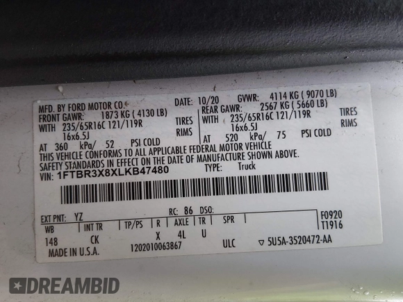 ✅ 2020 Ford Transit Cargo • VIN: 1FTBR3X8XLKB47480 • Lot: 44398737. Wystawiony na IAAI z przebiegiem 322 327 mil. Bezpłatny archiwum sprzedaży aukcyjnych z USA i szczegółowy raport historii pojazdu na DreamBid. Zdjęcie 9.