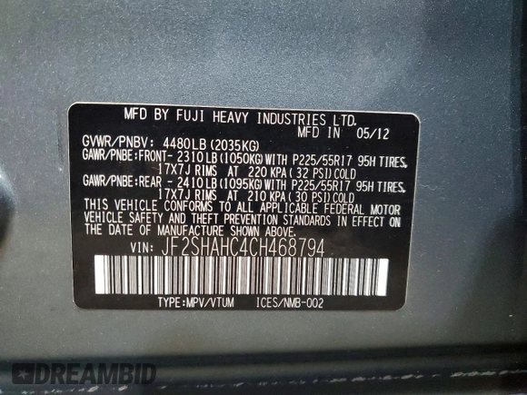 ✅ 2012 Subaru Forester X Touring • VIN: JF2SHAHC4CH468794 • Лот: 77883205. Опубліковано раніше на Copart з пробігом 181 464 миль. Безкоштовний доступ до архіву аукціонних продажів зі США та докладний звіт про історію автомобіля на DreamBid. Зображення 13.