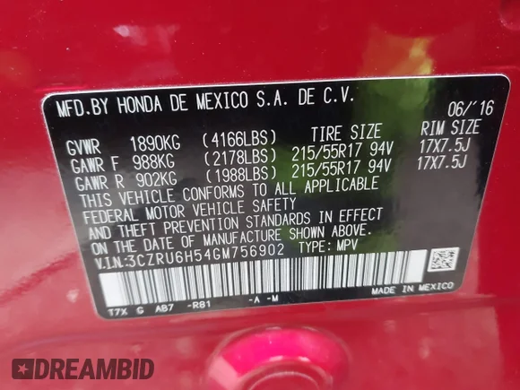 ✅ 2016 Honda HR-V EX • VIN: 3CZRU6H54GM756902 • Lot: 44041560. Wystawiony na IAAI z przebiegiem Nie podano. Bezpłatny archiwum sprzedaży aukcyjnych z USA i szczegółowy raport historii pojazdu na DreamBid. Zdjęcie 9.