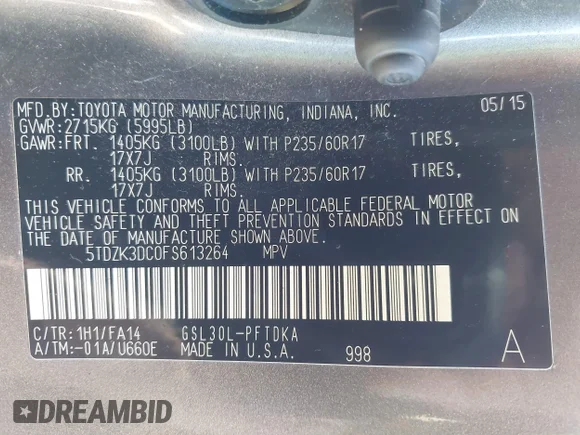 ✅ 2015 Toyota Sienna L • VIN: 5TDZK3DC0FS613264 • Lot: 45372940. Listed on IAAI with 141,693 mi. Free auction sales archive from the USA and detailed vehicle history report at DreamBid. Image 9.