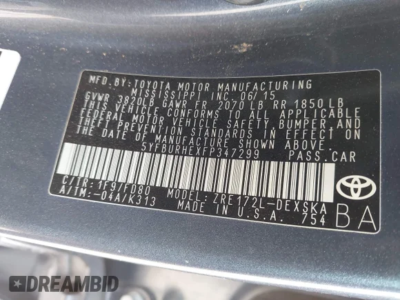 ✅ 2015 Toyota Corolla S Plus • VIN: 5YFBURHEXFP347299 • Лот: 44866391. Опубліковано раніше на IAAI з пробігом 189 892 миль. Безкоштовний доступ до архіву аукціонних продажів зі США та докладний звіт про історію автомобіля на DreamBid. Зображення 9.