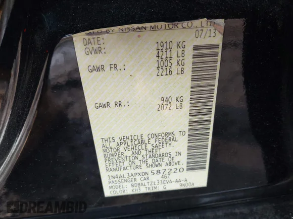 ✅ 2013 Nissan Altima S • VIN: 1N4AL3APXDN587220 • Lot: 44316086. Listed on IAAI with 118,717 mi. Free auction sales archive from the USA and detailed vehicle history report at DreamBid. Image 9.