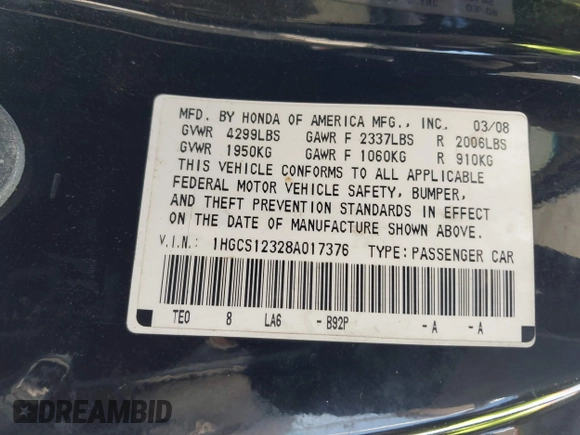✅ 2008 Honda Accord LX-S • VIN: 1HGCS12328A017376 • Lot: 44563227. Wystawiony na IAAI z przebiegiem 240 358 mil. Bezpłatny archiwum sprzedaży aukcyjnych z USA i szczegółowy raport historii pojazdu na DreamBid. Zdjęcie 9.