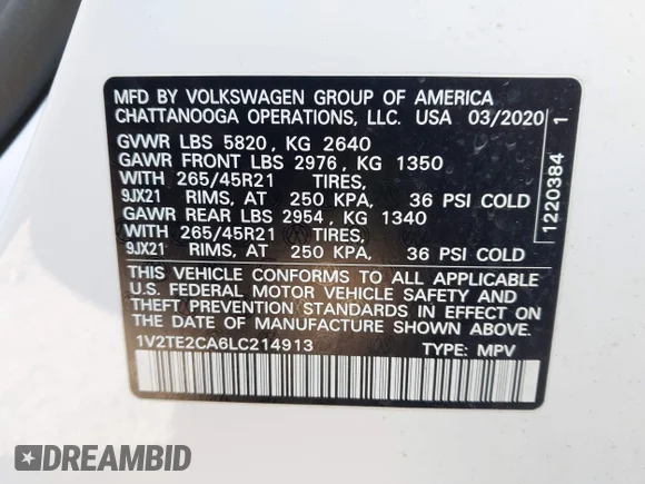 ✅ 2020 Volkswagen Atlas SEL Premium R-Line • VIN: 1V2TE2CA6LC214913 • Lot: 44910141. Listed on IAAI with 103,219 mi. Free auction sales archive from the USA and detailed vehicle history report at DreamBid. Image 9.