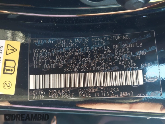 ✅ 2016 Lexus ES 330 • VIN: 58ABK1GG3GU019404 • Lot: 43892495. Listed on IAAI with 137,900 mi. Free auction sales archive from the USA and detailed vehicle history report at DreamBid. Image 9.