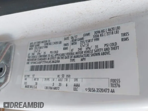 ✅ 2017 Ford Escape S • VIN: 1FMCU0F77HUE38259 • Lot: 45342059. Listed on IAAI with 132,505 mi. Free auction sales archive from the USA and detailed vehicle history report at DreamBid. Image 9.
