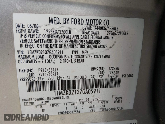 ✅ 2007 Ford Freestyle SEL • VIN: 1FMZK02137GA05911 • Lot: 44755548. Wystawiony na IAAI z przebiegiem 178 795 mil. Bezpłatny archiwum sprzedaży aukcyjnych z USA i szczegółowy raport historii pojazdu na DreamBid. Zdjęcie 9.