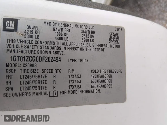 ✅ 2013 GMC Sierra 2500HD Work Truck • VIN: 1GT01ZCG0DF202494 • Lot: 45432264. Listed on IAAI with 270,618 mi. Free auction sales archive from the USA and detailed vehicle history report at DreamBid. Image 9.