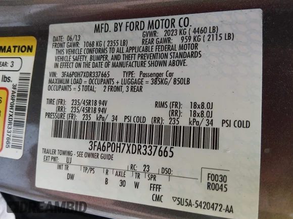 ✅ 2013 Ford Fusion SE • VIN: 3FA6P0H7XDR337665 • Lot: 44719518. Listed on IAAI with 108,841 mi. Free auction sales archive from the USA and detailed vehicle history report at DreamBid. Image 9.