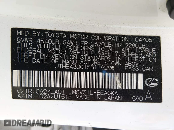 ✅ 2005 Lexus ES 350 • VIN: JTHBA30G155119298 • Lot: 45602260. Wystawiony na IAAI z przebiegiem 231 462 mil. Bezpłatny archiwum sprzedaży aukcyjnych z USA i szczegółowy raport historii pojazdu na DreamBid. Zdjęcie 9.
