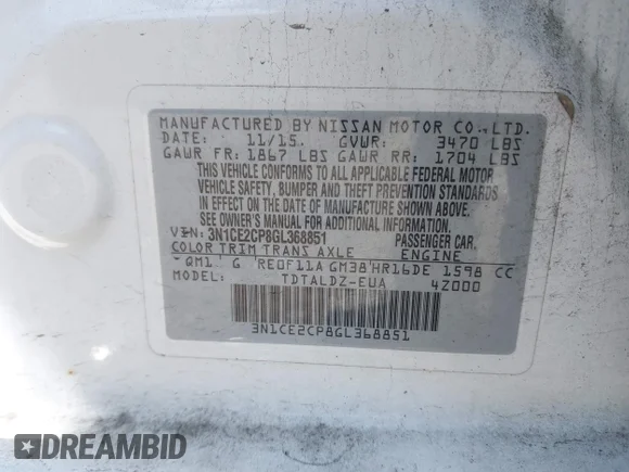 ✅ 2016 Nissan Note SV • VIN: 3N1CE2CP8GL368851 • Lot: 42110761. Wystawiony na IAAI z przebiegiem 119 810 mil. Bezpłatny archiwum sprzedaży aukcyjnych z USA i szczegółowy raport historii pojazdu na DreamBid. Zdjęcie 9.