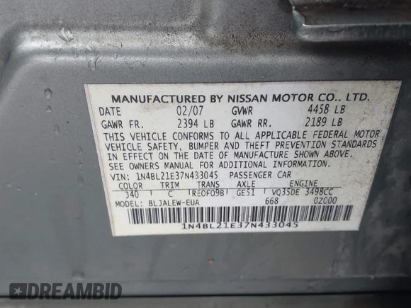 ✅ 2007 Nissan Altima SE • VIN: 1N4BL21E37N433045 • Lot: 43818115. Wystawiony na IAAI z przebiegiem 254 395 mil. Bezpłatny archiwum sprzedaży aukcyjnych z USA i szczegółowy raport historii pojazdu na DreamBid. Zdjęcie 9.