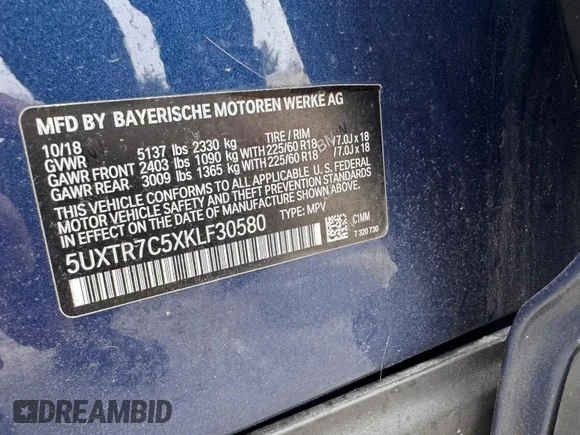 ✅ 2019 BMW X3 sDrive30i • VIN: 5UXTR7C5XKLF30580 • Lot: 45410630. Listed on IAAI with 92,605 mi. Free auction sales archive from the USA and detailed vehicle history report at DreamBid. Image 9.