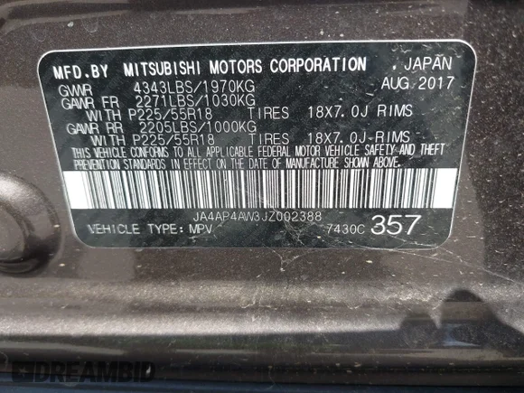 ✅ 2018 Mitsubishi Outlander SEL • VIN: JA4AP4AW3JZ002388 • Lot: 42317631. Listed on IAAI with 116,111 mi. Free auction sales archive from the USA and detailed vehicle history report at DreamBid. Image 9.