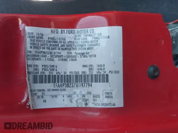 ✅ 2007 Ford Focus ST • VIN: 1FAHP38Z37W197794 • Lot: 43798147. Listed on IAAI with 184,605 mi. Free auction sales archive from the USA and detailed vehicle history report at DreamBid. Image 9.