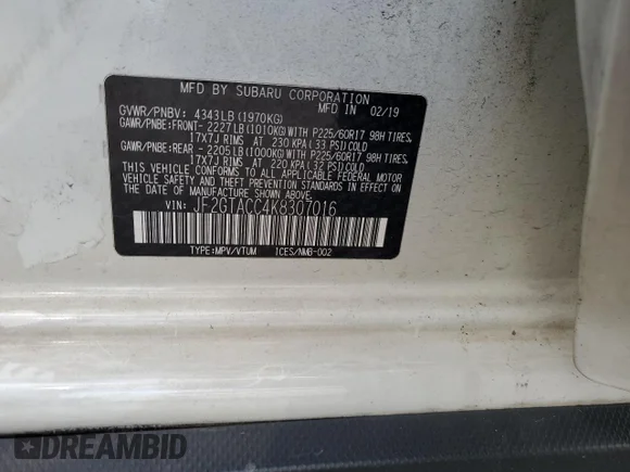 ✅ 2019 Subaru Crosstrek Premium • VIN: JF2GTACC4K8307016 • Лот: 40370913. Опубліковано раніше на Copart з пробігом 34 023 миль. Безкоштовний доступ до архіву аукціонних продажів зі США та докладний звіт про історію автомобіля на DreamBid. Зображення 14.