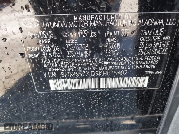 ✅ 2019 Hyundai Santa Fe SEL Plus • VIN: 5NMS33AD9KH035402 • Lot: 42162086. Wystawiony na IAAI z przebiegiem 108 827 mil. Bezpłatny archiwum sprzedaży aukcyjnych z USA i szczegółowy raport historii pojazdu na DreamBid. Zdjęcie 9.
