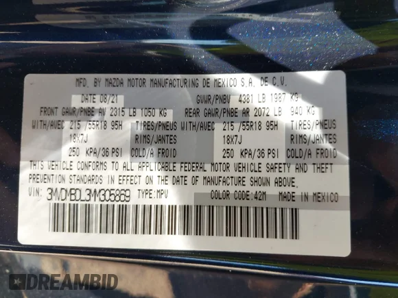 ✅ 2021 Mazda CX-30 Premium • VIN: 3MVDMBDL3MM305869 • Лот: 43069569. Опубліковано раніше на IAAI з пробігом 37 925 миль. Безкоштовний доступ до архіву аукціонних продажів зі США та докладний звіт про історію автомобіля на DreamBid. Зображення 9.