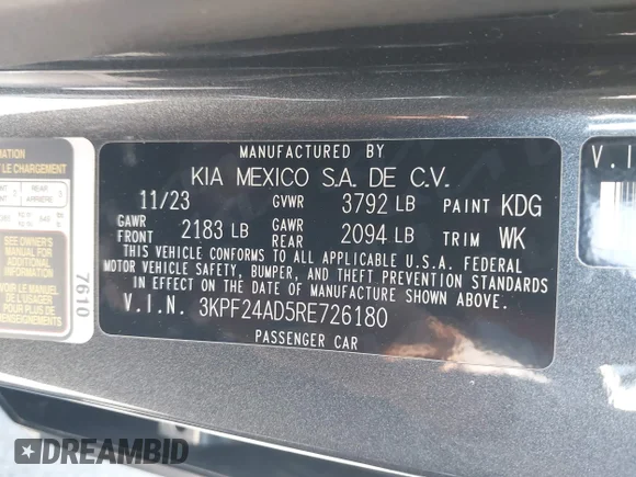 ✅ 2024 Kia Forte LXS • VIN: 3KPF24AD5RE726180 • Lot: 42661357. Listed on IAAI with 27,836 mi. Free auction sales archive from the USA and detailed vehicle history report at DreamBid. Image 9.