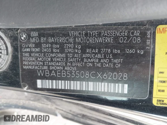 ✅ 2008 BMW 6 Series 650i • VIN: WBAEB53508CX62028 • Лот: 44634232. Опубліковано раніше на IAAI з пробігом 166 542 миль. Безкоштовний доступ до архіву аукціонних продажів зі США та докладний звіт про історію автомобіля на DreamBid. Зображення 9.