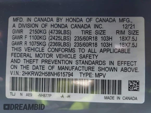 ✅ 2022 Honda CR-V EX • VIN: 2HKRW2H58NH615794 • Лот: 43918707. Опубликован ранее на IAAI с пробегом 32 747 миль. Бесплатный доступ к архиву аукционных продаж из США и подробный отчёт об истории автомобиля на DreamBid. Изображение 9.