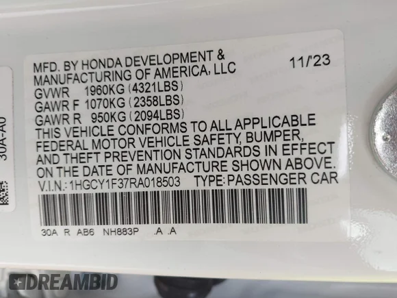 ✅ 2024 Honda Accord EX • VIN: 1HGCY1F37RA018503 • Lot: 44812373. Wystawiony na IAAI z przebiegiem Nie podano. Bezpłatny archiwum sprzedaży aukcyjnych z USA i szczegółowy raport historii pojazdu na DreamBid. Zdjęcie 8.