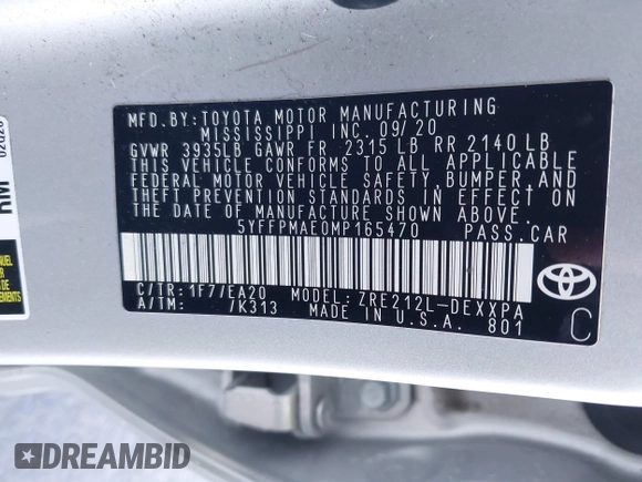 ✅ 2021 Toyota Corolla XLE • VIN: 5YFFPMAE0MP165470 • Lot: 44421920. Wystawiony na IAAI z przebiegiem 43 797 mil. Bezpłatny archiwum sprzedaży aukcyjnych z USA i szczegółowy raport historii pojazdu na DreamBid. Zdjęcie 9.