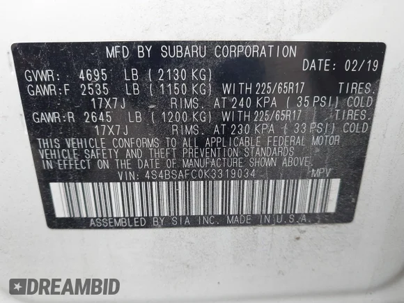 ✅ 2019 Subaru Outback Premium • VIN: 4S4BSAFC0K3319034 • Lot: 45336437. Wystawiony na IAAI z przebiegiem 108 569 mil. Bezpłatny archiwum sprzedaży aukcyjnych z USA i szczegółowy raport historii pojazdu na DreamBid. Zdjęcie 9.