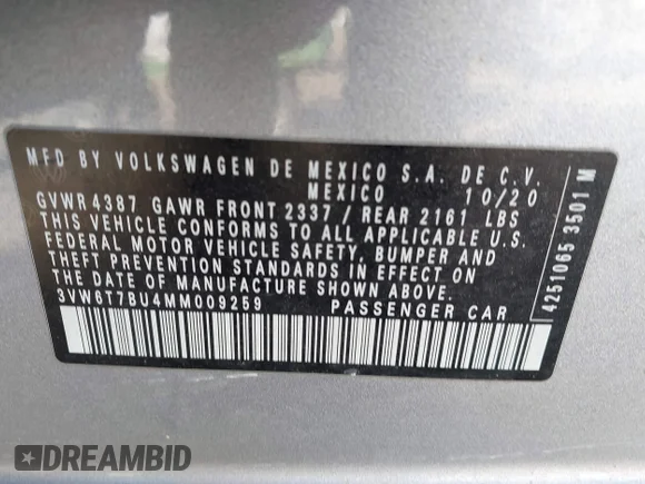 ✅ 2021 Volkswagen Jetta S • VIN: 3VW6T7BU4MM009259 • Lot: 44789886. Wystawiony na IAAI z przebiegiem 62 241 mil. Bezpłatny archiwum sprzedaży aukcyjnych z USA i szczegółowy raport historii pojazdu na DreamBid. Zdjęcie 9.