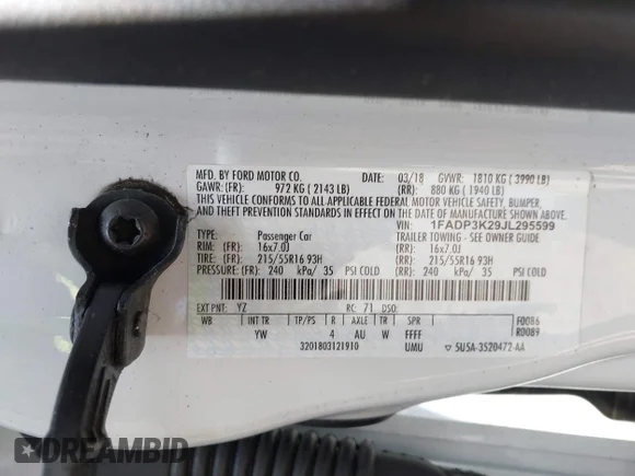 ✅ 2018 Ford Focus SE • VIN: 1FADP3K29JL295599 • Lot: 43087205. Listed on IAAI with 124,142 mi. Free auction sales archive from the USA and detailed vehicle history report at DreamBid. Image 9.