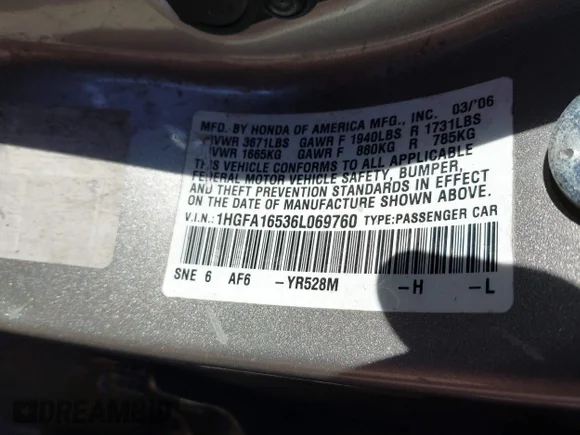 ✅ 2006 Honda Civic LX • VIN: 1HGFA16536L069760 • Lot: 44030431. Wystawiony na IAAI z przebiegiem 332 801 mil. Bezpłatny archiwum sprzedaży aukcyjnych z USA i szczegółowy raport historii pojazdu na DreamBid. Zdjęcie 9.