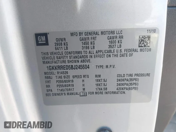 ✅ 2011 GMC Acadia SLT1 • VIN: 1GKKRRED5BJ245604 • Лот: 44346389. Опубликован ранее на IAAI с пробегом 230 400 миль. Бесплатный доступ к архиву аукционных продаж из США и подробный отчёт об истории автомобиля на DreamBid. Изображение 9.