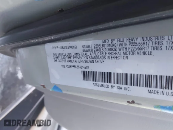 ✅ 2006 Subaru Legacy Outback L.L. Bean • VIN: 4S4BP86C664314902 • Лот: 41257313. Опубліковано раніше на IAAI з пробігом 156 686 миль. Безкоштовний доступ до архіву аукціонних продажів зі США та докладний звіт про історію автомобіля на DreamBid. Зображення 9.