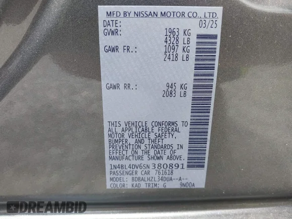 ✅ 2025 Nissan Altima SV • VIN: 1N4BL4DV6SN380891 • Lot: 45293470. Wystawiony na IAAI z przebiegiem 22 200 mil. Bezpłatny archiwum sprzedaży aukcyjnych z USA i szczegółowy raport historii pojazdu na DreamBid. Zdjęcie 9.