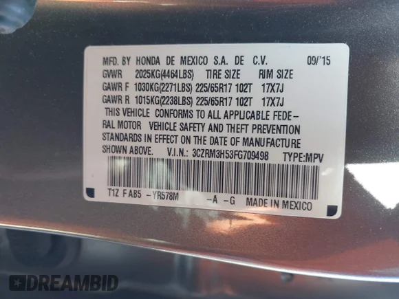✅ 2015 Honda CR-V EX • VIN: 3CZRM3H53FG709498 • Lot: 44886163. Listed on IAAI with 135,814 mi. Free auction sales archive from the USA and detailed vehicle history report at DreamBid. Image 9.