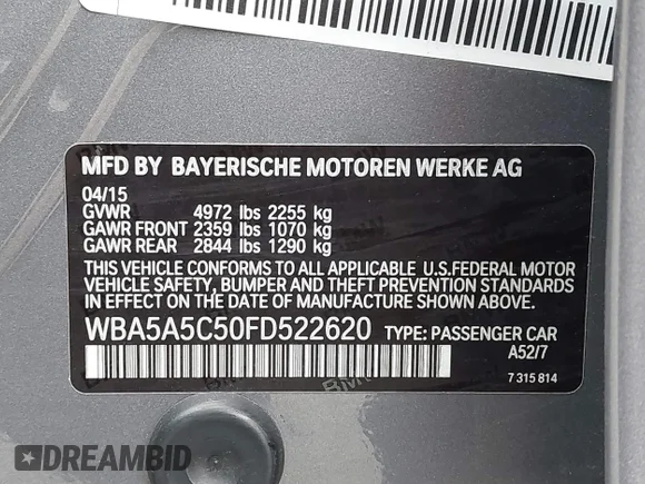 ✅ 2015 BMW 5 Series 528i • VIN: WBA5A5C50FD522620 • Lot: 44063894. Listed on IAAI with 66,088 mi. Free auction sales archive from the USA and detailed vehicle history report at DreamBid. Image 9.