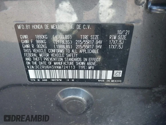 ✅ 2022 Honda HR-V LX • VIN: 3CZRU6H3XNM724113 • Lot: 45037287. Wystawiony na IAAI z przebiegiem 71 702 mil. Bezpłatny archiwum sprzedaży aukcyjnych z USA i szczegółowy raport historii pojazdu na DreamBid. Zdjęcie 9.