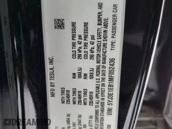 ✅ 2021 Tesla Model 3 Long Range • VIN: 5YJ3E1EB1MF052436 • Лот: 39977243. Опубліковано раніше на Copart з пробігом Не вказано. Безкоштовний доступ до архіву аукціонних продажів зі США та докладний звіт про історію автомобіля на DreamBid. Зображення 13.
