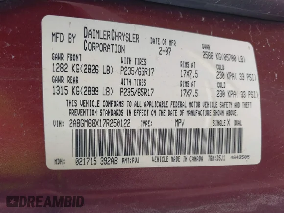 ✅ 2007 Chrysler Pacifica Touring • VIN: 2A8GM68X17R250122 • Лот: 43292158. Опубликован ранее на IAAI с пробегом 179 954 миль. Бесплатный доступ к архиву аукционных продаж из США и подробный отчёт об истории автомобиля на DreamBid. Изображение 9.