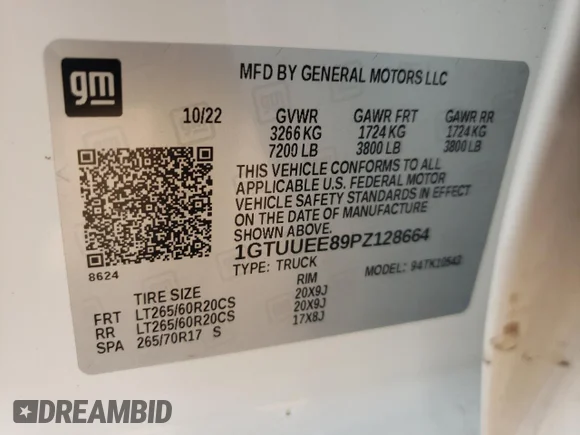 ✅ 2023 GMC Sierra 1500 AT4 • VIN: 1GTUUEE89PZ128664 • Лот: 49307224. Опубліковано раніше на Copart з пробігом 1 532 миль. Безкоштовний доступ до архіву аукціонних продажів зі США та докладний звіт про історію автомобіля на DreamBid. Зображення 12.