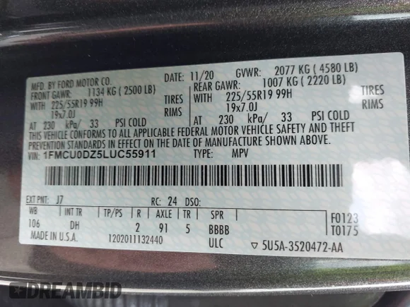 ✅ 2020 Ford Escape Titanium Hybrid • VIN: 1FMCU0DZ5LUC55911 • Лот: 44913088. Опубліковано раніше на IAAI з пробігом 40 224 миль. Безкоштовний доступ до архіву аукціонних продажів зі США та докладний звіт про історію автомобіля на DreamBid. Зображення 9.