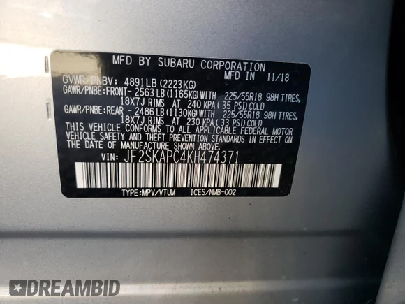 ✅ 2019 Subaru Forester Special Sports • VIN: JF2SKAPC4KH474371 • Лот: 66295582. Опубликован ранее на Copart с пробегом 93 003 миль. Бесплатный доступ к архиву аукционных продаж из США и подробный отчёт об истории автомобиля на DreamBid. Изображение 10.