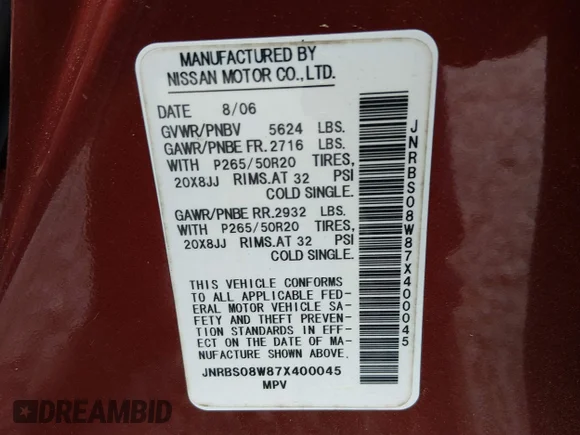 ✅ 2007 Infiniti FX • VIN: JNRBS08W87X400045 • Лот: 44712246. Опубліковано раніше на IAAI з пробігом 274 228 миль. Безкоштовний доступ до архіву аукціонних продажів зі США та докладний звіт про історію автомобіля на DreamBid. Зображення 9.