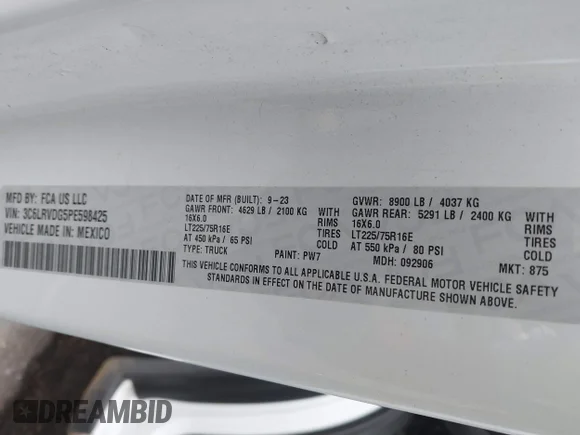 ✅ 2023 Ram ProMaster Cargo • VIN: 3C6LRVDG5PE598425 • Lot: 43852121. Listed on IAAI with 52,089 mi. Free auction sales archive from the USA and detailed vehicle history report at DreamBid. Image 9.