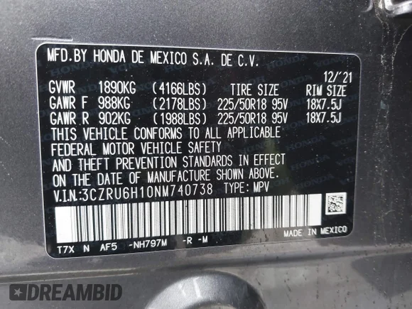 ✅ 2022 Honda HR-V Sport • VIN: 3CZRU6H10NM740738 • Lot: 44414290. Wystawiony na IAAI z przebiegiem 56 711 mil. Bezpłatny archiwum sprzedaży aukcyjnych z USA i szczegółowy raport historii pojazdu na DreamBid. Zdjęcie 9.