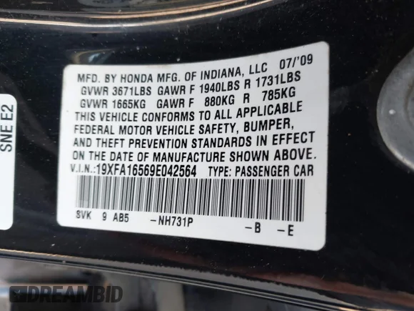 ✅ 2009 Honda Civic LX • VIN: 19XFA16569E042564 • Lot: 42423465. Wystawiony na IAAI z przebiegiem 177 289 mil. Bezpłatny archiwum sprzedaży aukcyjnych z USA i szczegółowy raport historii pojazdu na DreamBid. Zdjęcie 9.