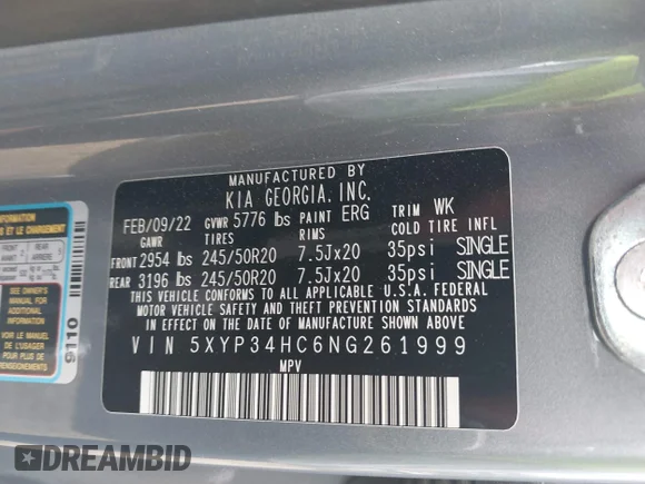 ✅ 2022 Kia Telluride EX • VIN: 5XYP34HC6NG261999 • Лот: 42962001. Опубликован ранее на IAAI с пробегом 58 049 миль. Бесплатный доступ к архиву аукционных продаж из США и подробный отчёт об истории автомобиля на DreamBid. Изображение 9.