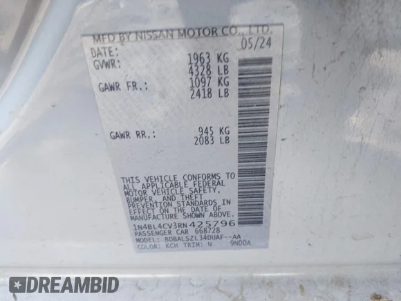 ✅ 2024 Nissan Altima SR • VIN: 1N4BL4CV3RN425796 • Lot: 45391044. Listed on IAAI with 73,193 mi. Free auction sales archive from the USA and detailed vehicle history report at DreamBid. Image 9.