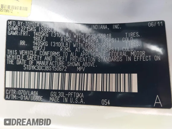 ✅ 2011 Toyota Sienna XLE • VIN: 5TDYK3DC3BS150672 • Lot: 44265436. Listed on IAAI with 263,696 mi. Free auction sales archive from the USA and detailed vehicle history report at DreamBid. Image 9.