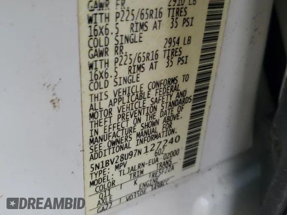 ✅ 2007 Nissan Quest S • VIN: 5N1BV28U97N127240 • Lot: 86930584. Wystawiony na Copart z przebiegiem 131 219 mil. Bezpłatny archiwum sprzedaży aukcyjnych z USA i szczegółowy raport historii pojazdu na DreamBid. Zdjęcie 15.